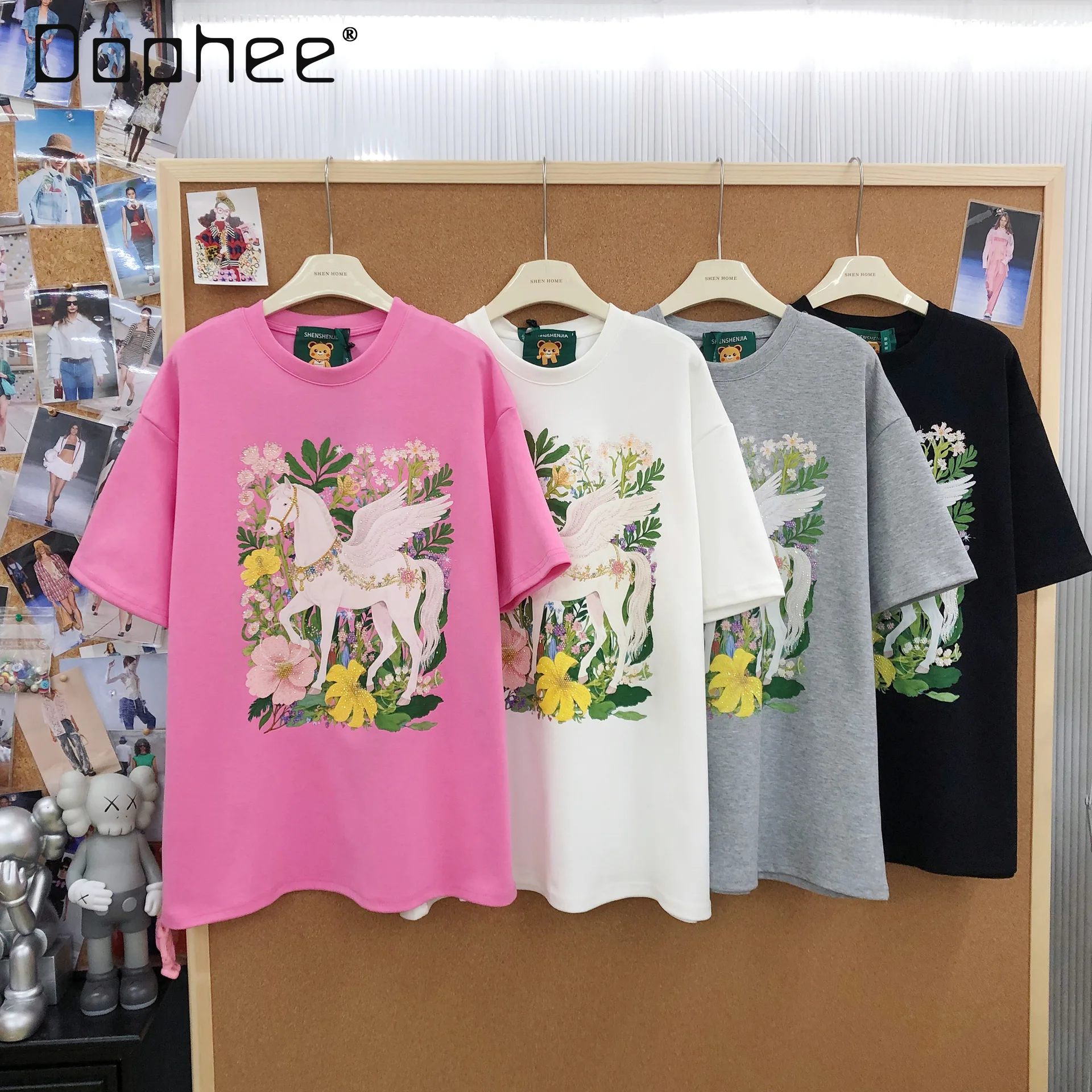 

Hot Drilled Pegasus Print Fashion Versatile Short Sleeve T-Shirt Trendy Casual Loose Round Neck Top T Shirt Women