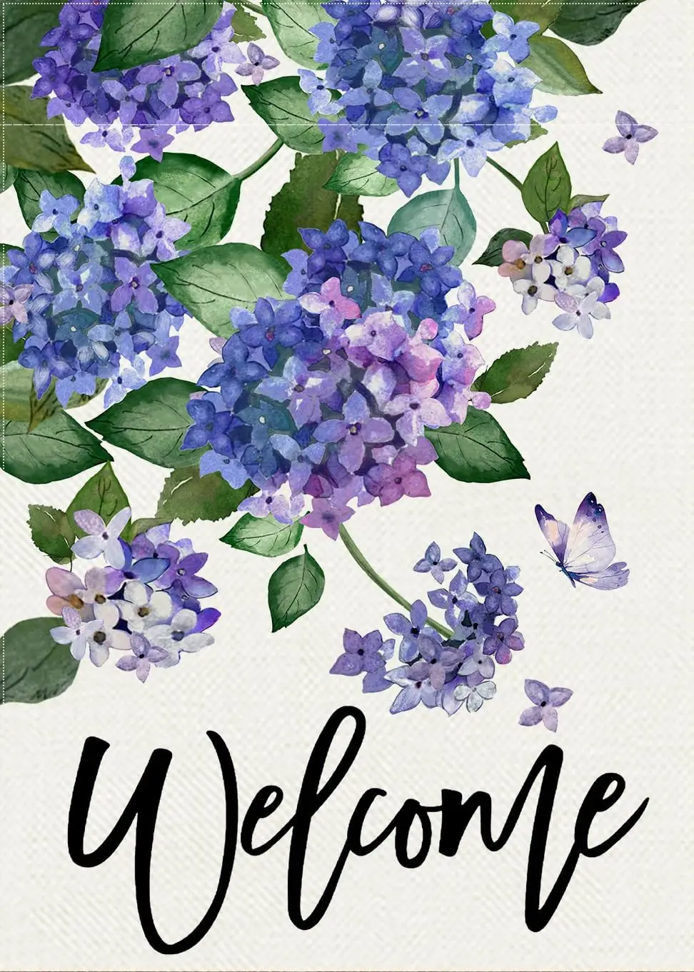 Welcome Spring Hydrangea Decorative Garden Flag, Purple Floral Flowers Butterfly Yard Outside   Home Decor Double Sided 12 x 18