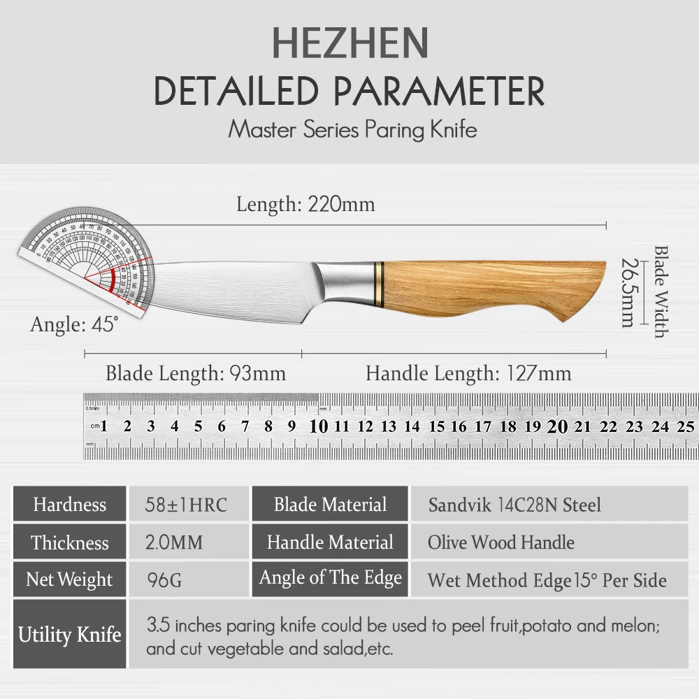 HEZHEN 3.5 Inches Paring Knife Sandvik Stainless Steel Olive Wood Handle Kitchen Knife Peeling Fruit Cooking Tools Gift Box