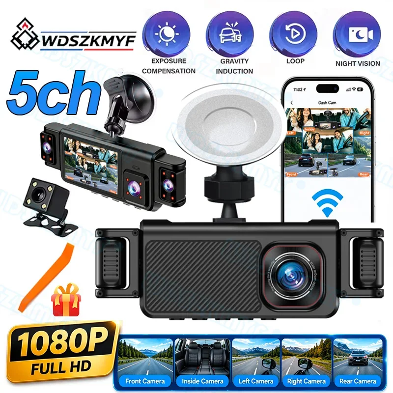 Car Dash Cam 5 Channel Black Box Driving Camera FHD 1080P Front Left Right Rear Night Vision Loop Recording Add Hardwire Kit
