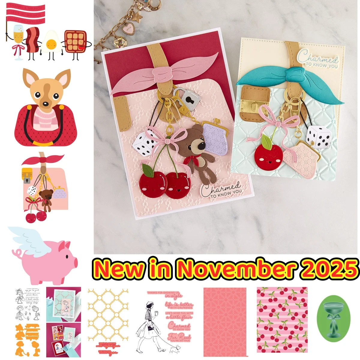 

New Girl Brunch Cherry Flying Pig Metal Cutting Dies Clear Stamps Stencil Lattice Hot Foil Wax for DIY Gift Card Christmas 2025