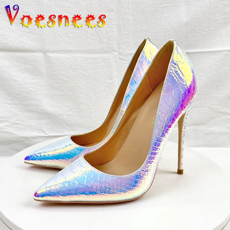 

Shiny Laser Design High Heels Summer Change Color Snake Pattern Women Shoes 10CM Fashion Pointed Stiletto Pumps Large Size 43