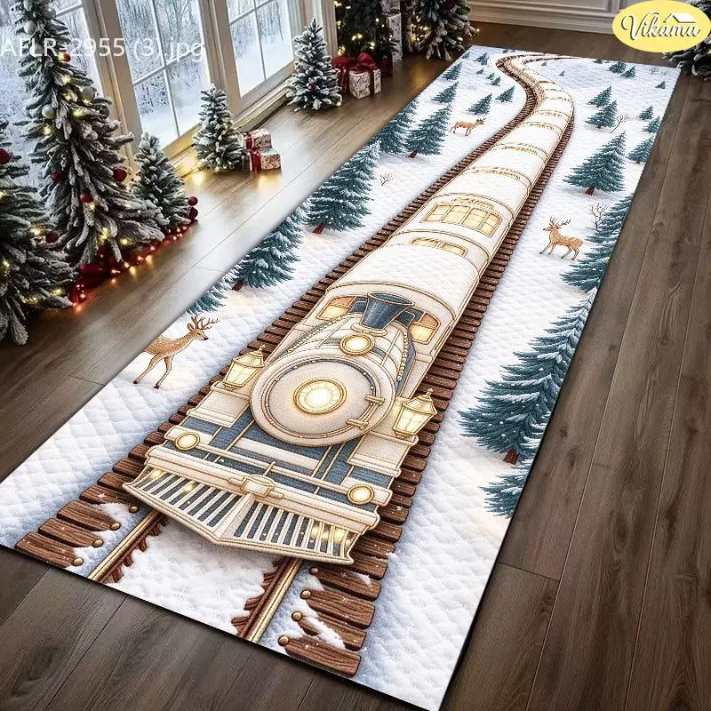 VIKAMA White Xmas Train Forest Woods Crystal Velvet Long Carpet Non Slip Floor Pad for Xmas Warm Cozy Decorative Home Decor