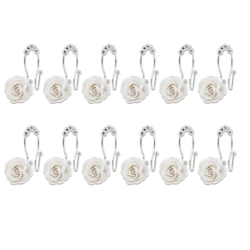 

12Pcs Shower Curtain Hooks Double Sliding Rings Made Of Stainless Steel, Ring With Rose Resin, Bathroom Shower Rods