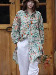 Camisa comprida de linho de algodão para mulheres, estampa floral, blusa feminina Modis irregular, blusa casual solta, outono, 2023