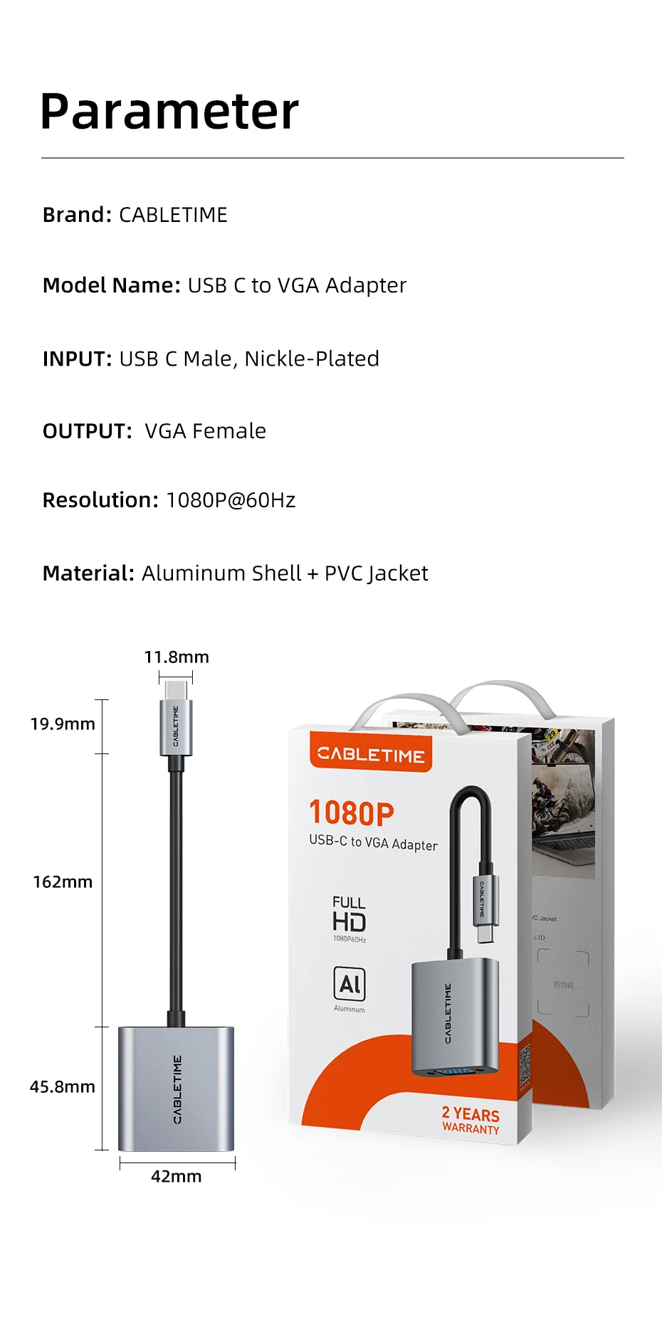 CABLETIME Typ-C zu VGA Adapter HD 1080p 60Hz Kabelkonverter USB-C zu VGA Buchsenadapter für iPhone iPad PC Typ-C Adapter – Detail 7