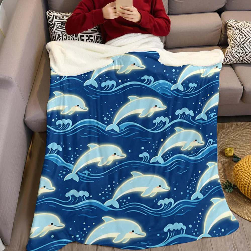 Cute Dolphins Ocean Waves Flannel Blanket Warm Soft Halloween Christmas All-Season Couch Decorative Cozy Warm Gift