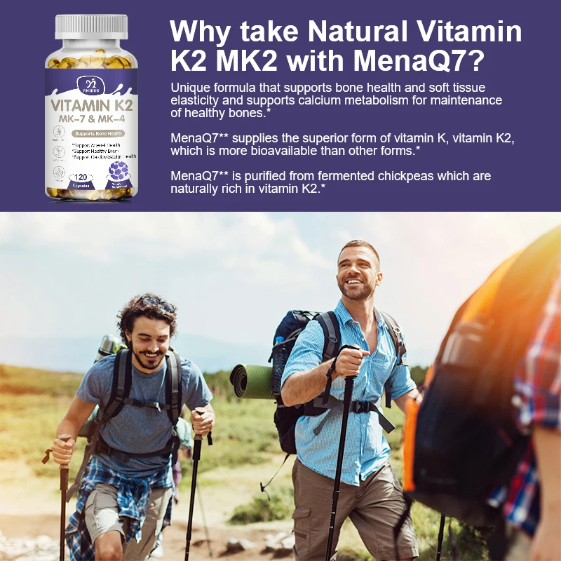 Vitamina K2 (MK7 y MK4) con suplemento D3, soporte para huesos fuertes y cerebro saludable, salud Cardiovascular