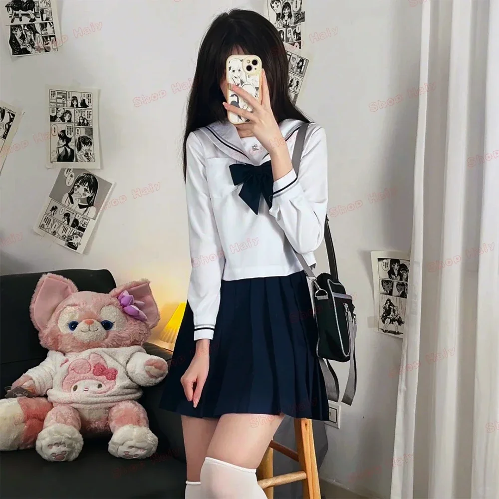 Japanese School Uniform Girls Jk Suit Navy Blue Tie White Two Basic Sailor School Shirt Suit Sex Pleated Skirt Plus Size Women