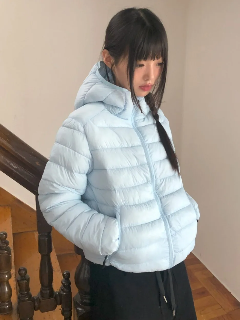 Lekka, ciepła bawełniana kurtka damska z kapturem, podwójna warstwa, wyszczuplająca, zimowa odzież wierzchnia, koreański styl, casual, streetwear