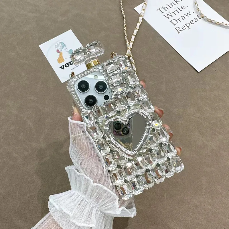 Bling 3D Love Heart Perfume Bottle Rhinestone Case For Iphone 16 15 14 12 11 13 Pro Max Xs Xr Plus DIY Long Strap Diamond Cover