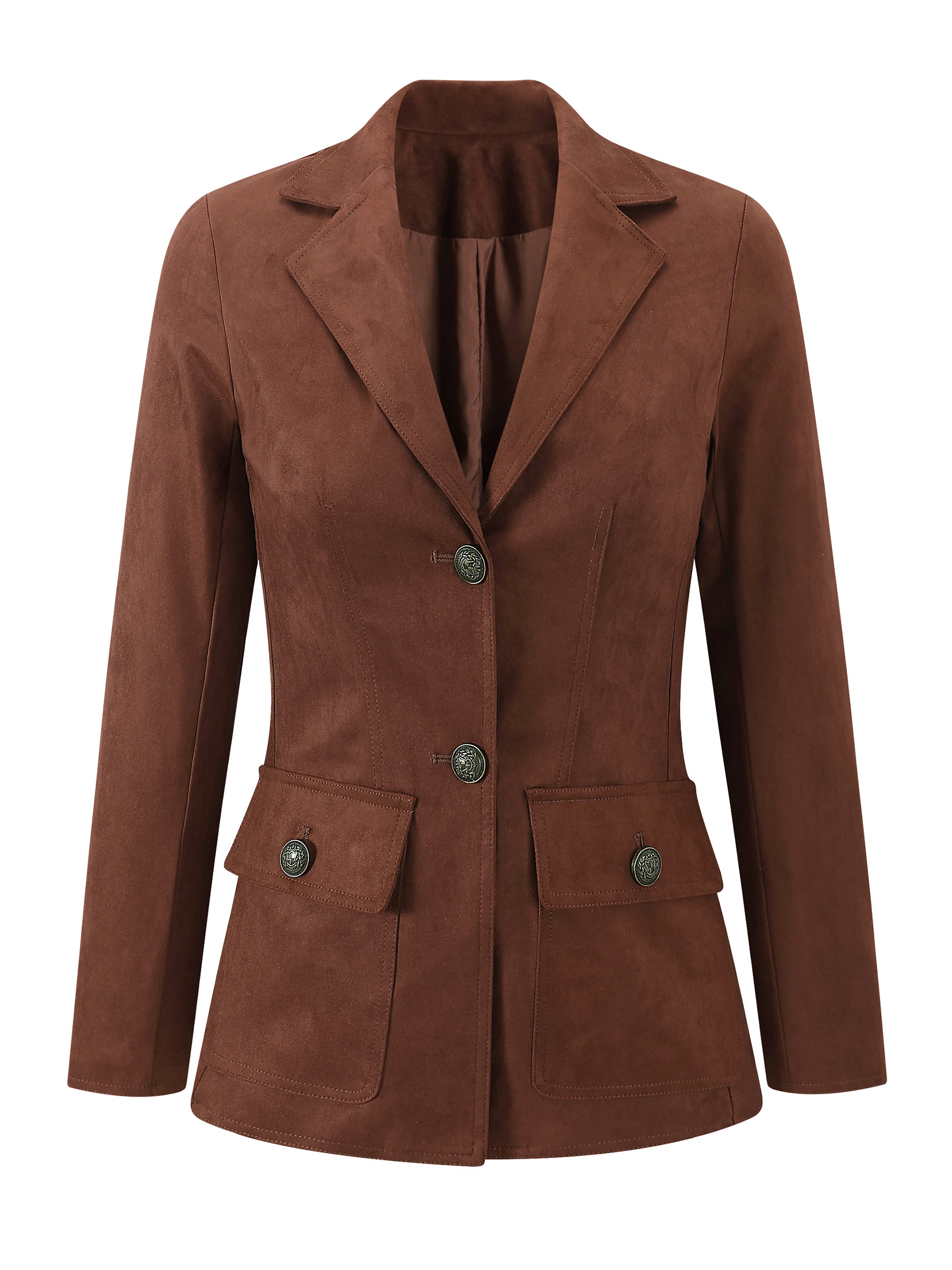 Women'S Elegant Brown Faux Suede Suit Jacket - Multi-Button Closure, Double Pockets with Flaps, Long Sleeve Blazer