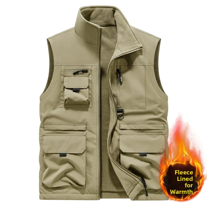 

Новая мужская утепленная жилетка на осень-зиму с воротником-стойкой, множеством карманов, для активного отдыха, теплая, ветрозащитная, водонепроницаемая, повседневная, из флиса