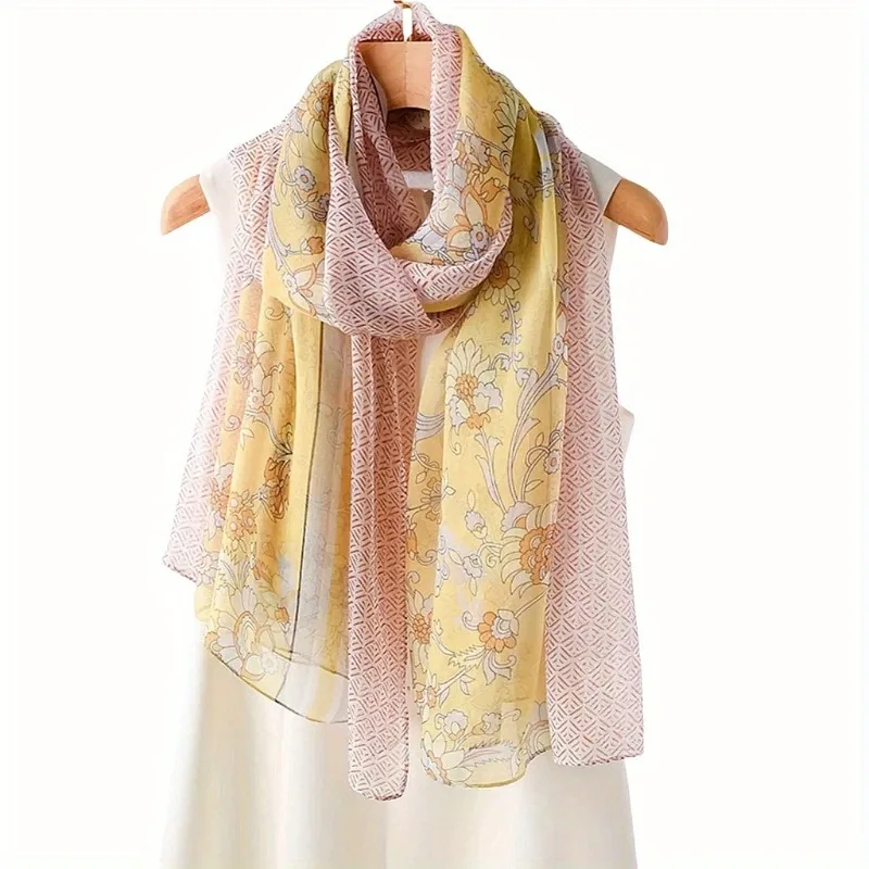 Lightweight Large 100%Mulberry Silk Chiffon Scarf for Women Oblong Shawl Neck Scarf Beach Wrap Headscarf Gift Pack Yellow Floral