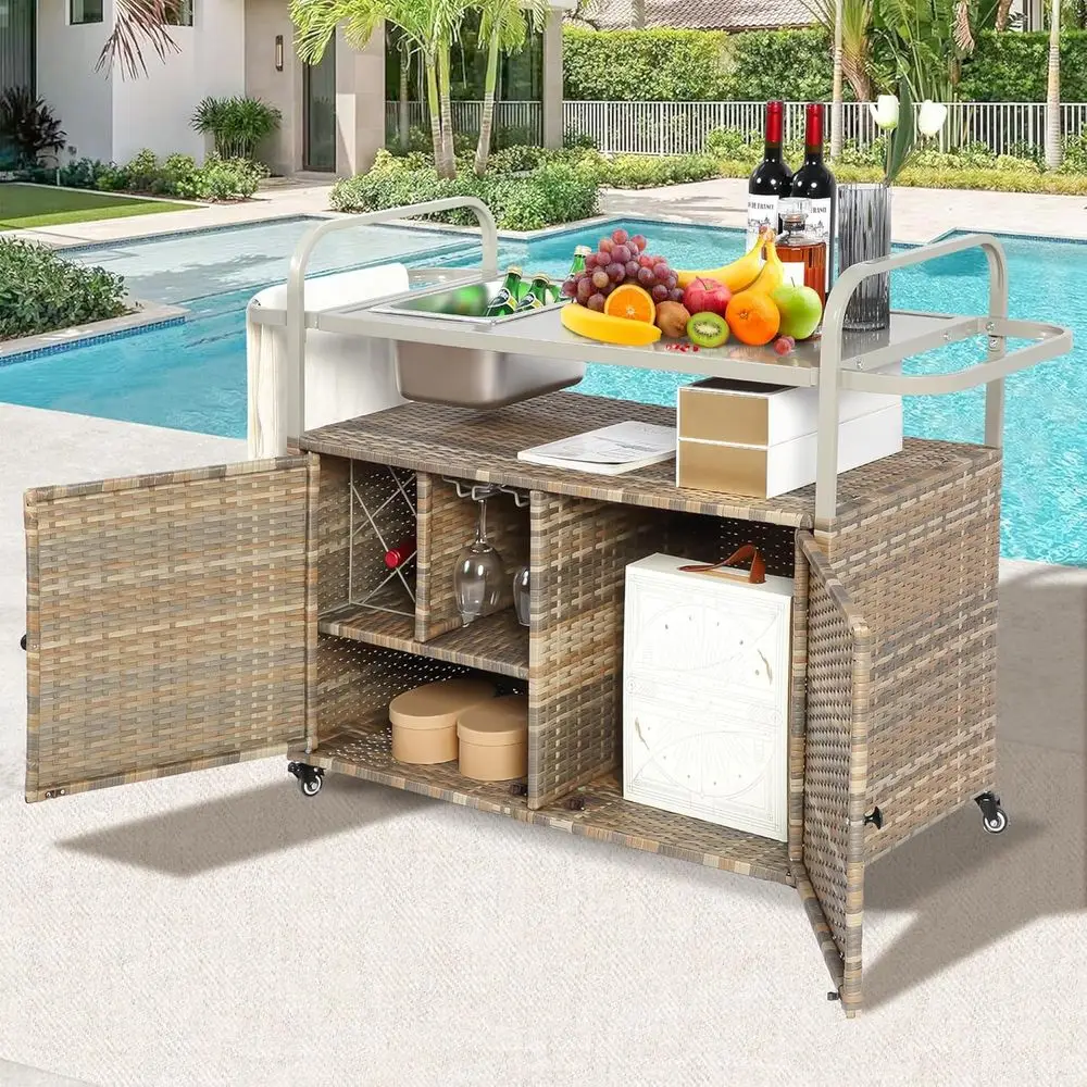 

Beige Outdoor Wicker Bar Cart with Ice Bucket, 2-Door Cabinet, Casters for Patio, Grill, and Garden Use