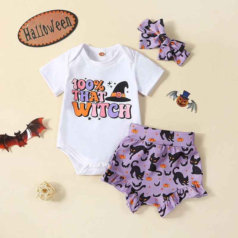 

2023-06-21 Lioraitiin 0-24M Infant Baby Girl Halloween Shorts Sets Short Sleeve Letter Print Bodysuit Bat Black Cat Print Shorts