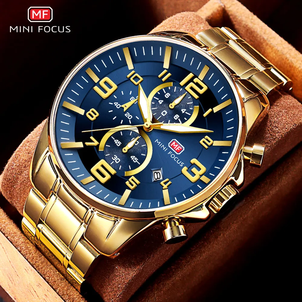 

MINI FOCUS Men's Business Quartz Watches Stainless Business Chronograph Watch Gold Blue Relogios Masculino Clock Top Brand 0278G