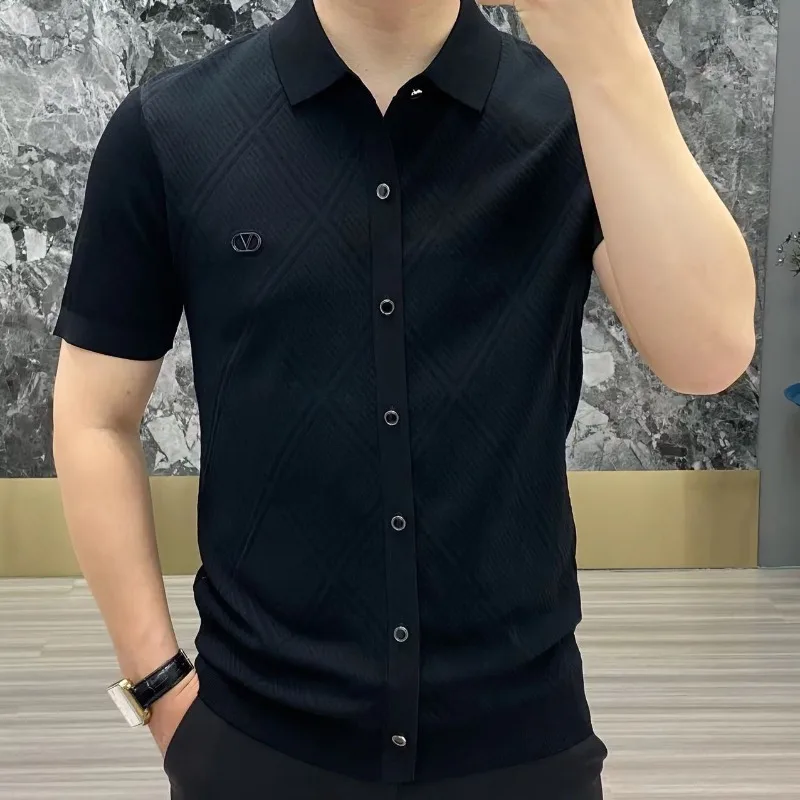 Trend Summer Men\'s Solid Color Jacquard Weave Turn Down CollarShort Trendy Brand Knitted Single Breaked Smart Casual T-shirt Top