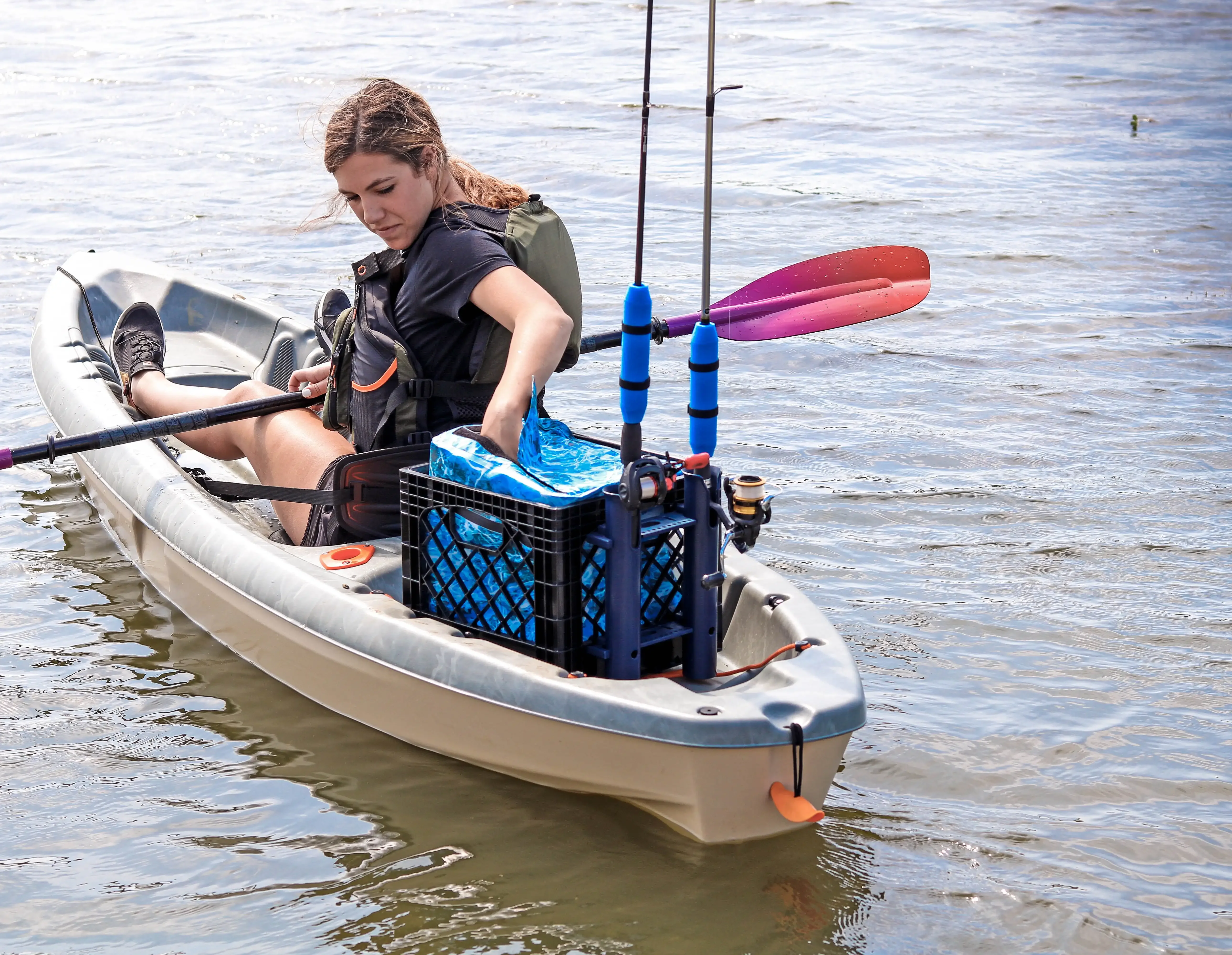 Kayak Storage Crate with Dry Bag, Fishing Accessories Kit and Rod Holder, 24 Piece, Milk Crate, Blue