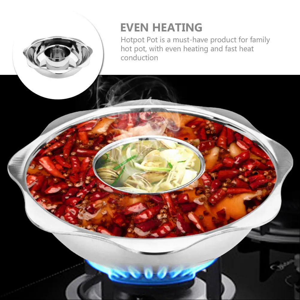 

Stainless Steel Hot Pot with Divider Dual Compartment Design Thickened Body Fast Heat Conduction Easy Clean for Home Restaurant