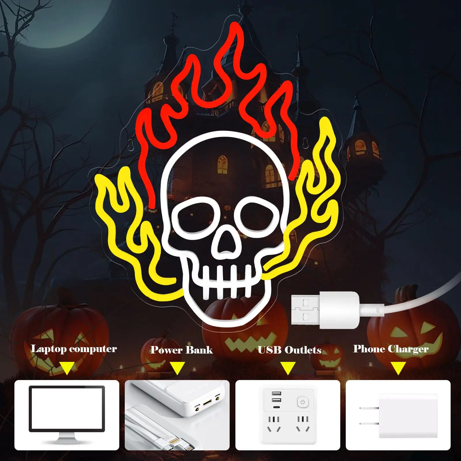 Dimmable Skull Neon Sign - USB LED Light | Ideal for Bedroom, Man Cave, Club, Game Room | Scary Skull Fire Design for Halloween