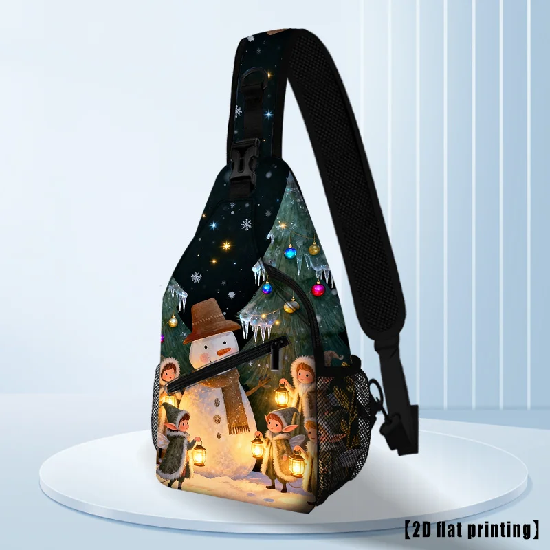 Cute Snowman with Elf Christmas Backpack - Adjustable Crossbody Chest Bag with Zipper Closure, Work, 2D Graphic