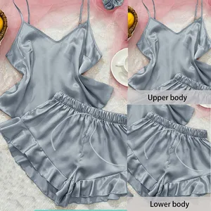 Zwei sexy Stücke Pyjama Set V-Ausschnitt Frauen Farbe Färbem Seiden Satin Spaghetti Homewear Loungewear Kräuselte weibliche Heimkleidung 8 Hauptverkaufsbluse -Seide mit Rüschen - №6