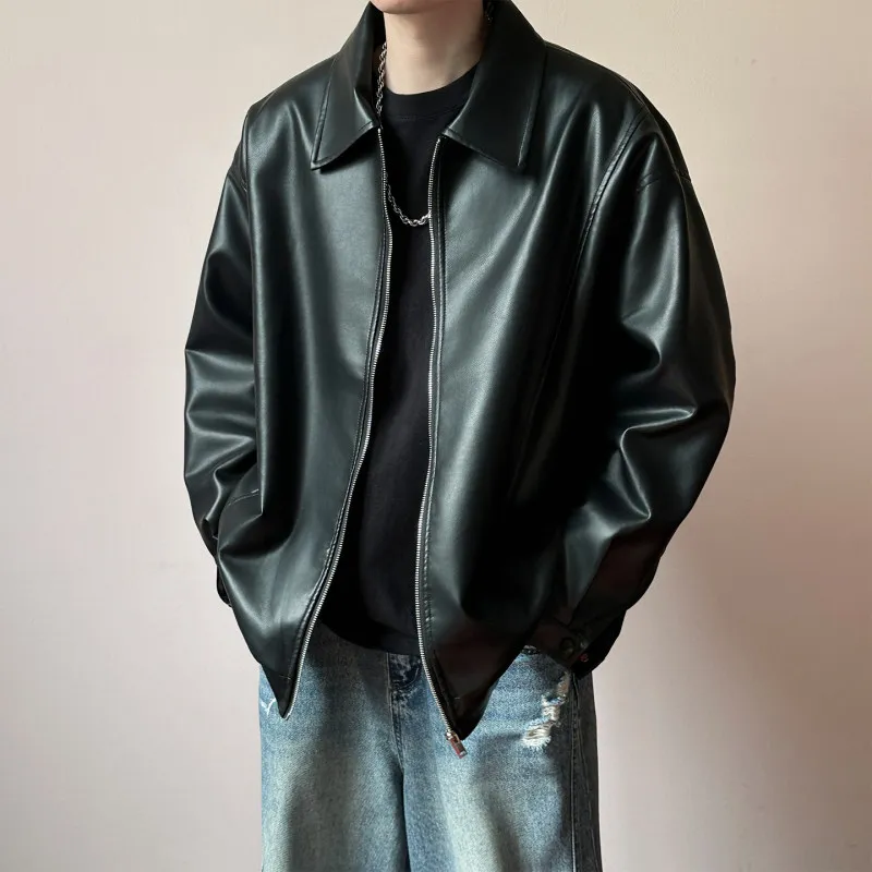American Simple Motorcycle Leather Jacket Men's Trendy Loose High-End Feeling Handsome Black PU Leather Flight Jacket