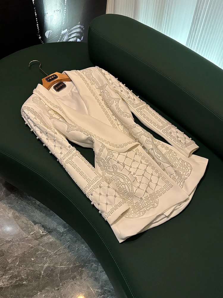 

Ele Pearl Decorated Long Sve Suit Jaet Women's Slim Fit Commute Sle Heavy Embroidery Qingguo Collar Office Outerwear