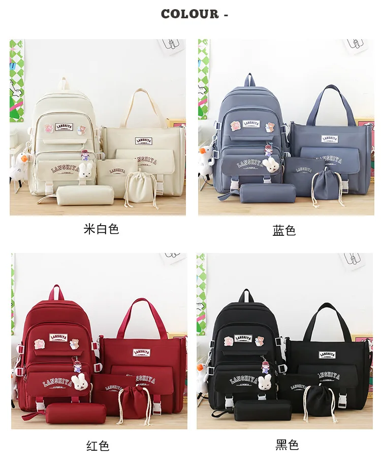 5-teiliges Set mit kostenlosen Anhängern im Waldstil, koreanische Version, lässiger Harajuku-Studentenrucksack für Mädchen mit großer Kapazität – Detail 5
