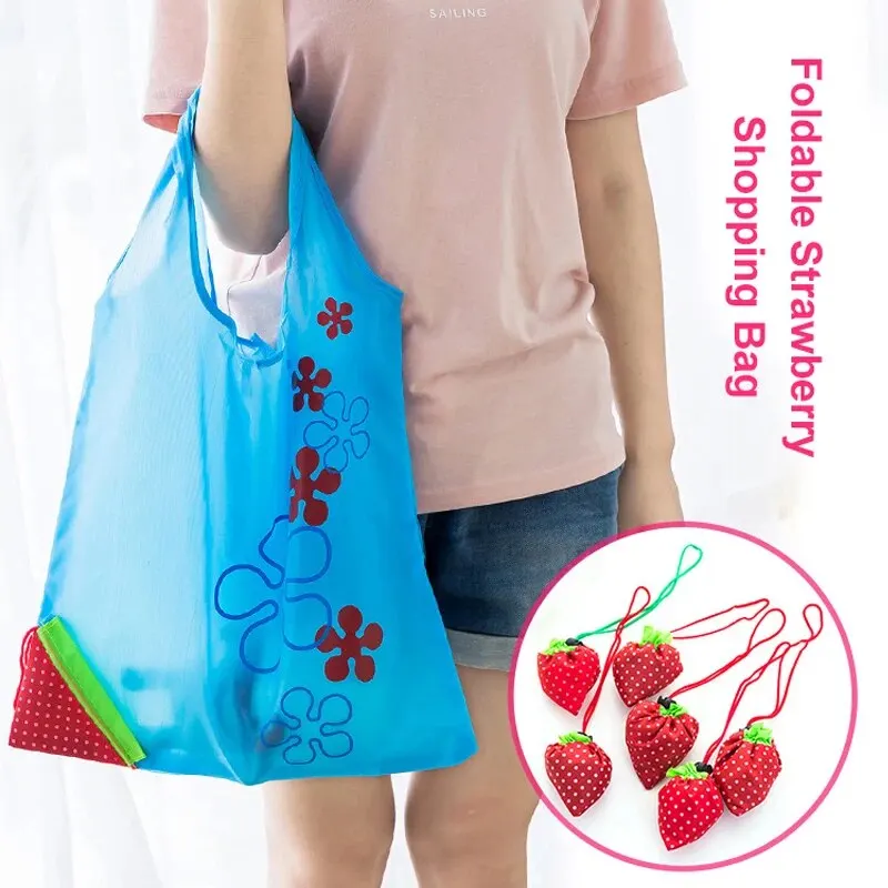 1pc Foldable Strawberry Nylon Storage Bag Folding Pouch Shopping Bag Foldable Reusable Portable Shoulder Women\'s Large Handbags