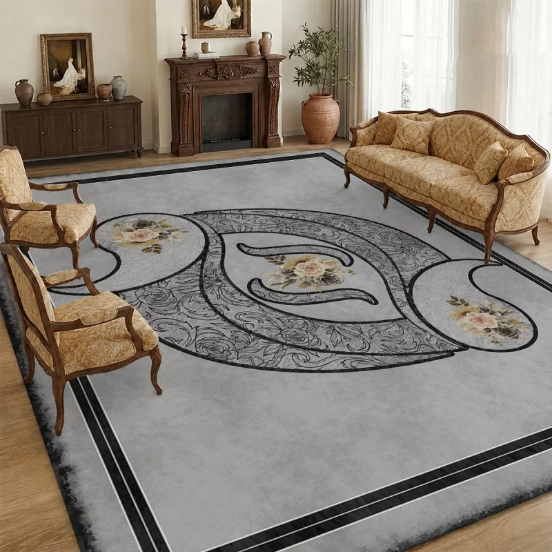 Grey Vintage Paisley Rose Floral Frame Large Area Rug,Classic European Retro Floral Washable Floor Carpet for Luxury Living Room