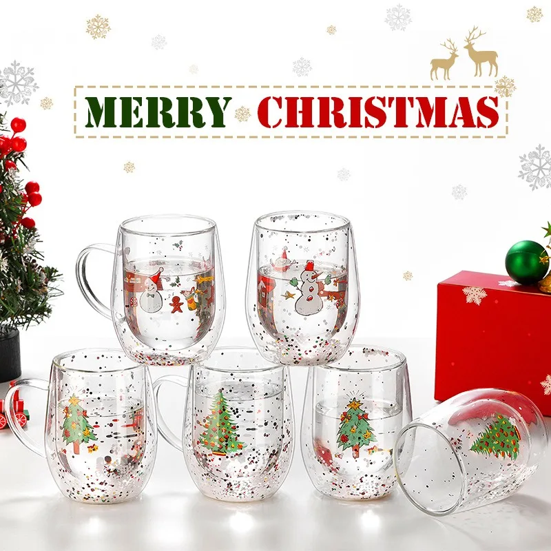 300 ml doppelschichtiges, wärmeisolierendes Hochtemperaturglas mit hohem Borosilikatgehalt und Paillettenwasserbecher mit Weihnachts-Cartoon-Muster