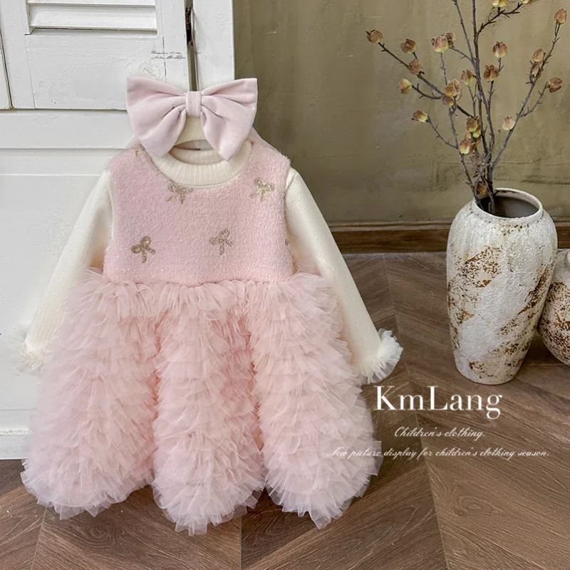 فستان بناتي مبطن بالصوف 2025 فستان أميرة شتوي وردي للأطفال للفتيات الصغيرات مع عقدة فيونكة #2