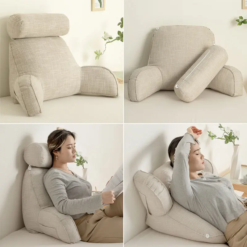 

Linen Reading Pillow with Armrests and Round Pillow Pearl Cotton Inner Core Detachable Multifunctional Big Waist Pillow