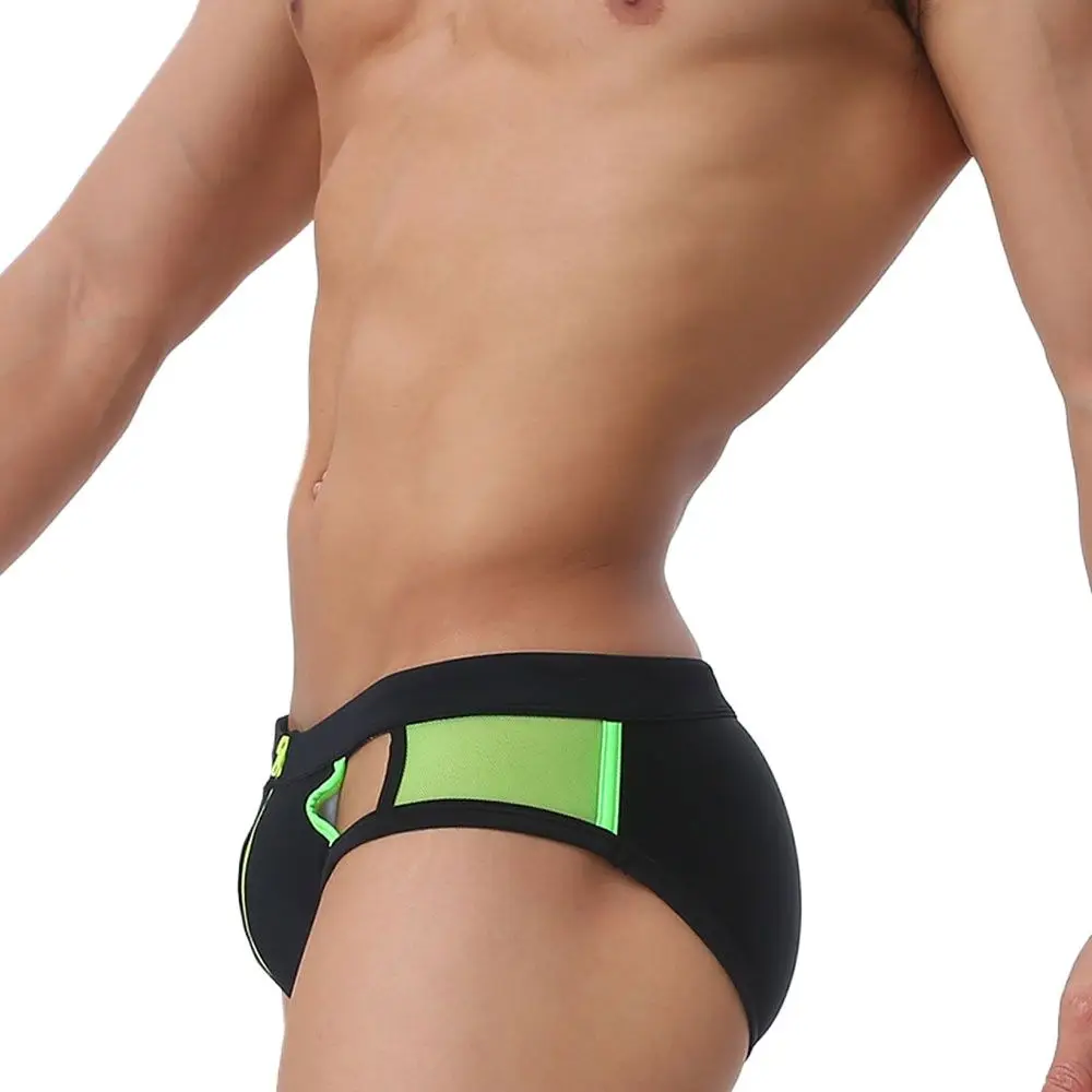 Novo masculino oco zíper frontal triângulo troncos de natação juventude cintura baixa apertado esportes triângulo troncos de natação elástico