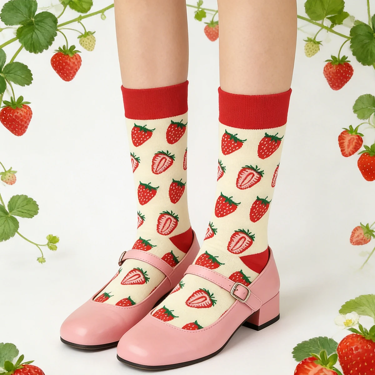 1 par de calcetines a media pantorrilla "Strawberry Daily" Sweet Girl - Calcetines lindos de algodón con estampado completo de fresa vitalidad