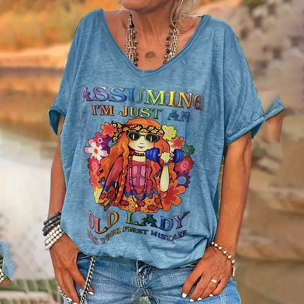 Camiseta Vintage de manga corta con estampado de letras para mujer, camisa básica de fin de semana diario para niñas, cuello en V, ropa femenina, Tops de gran tamaño de verano