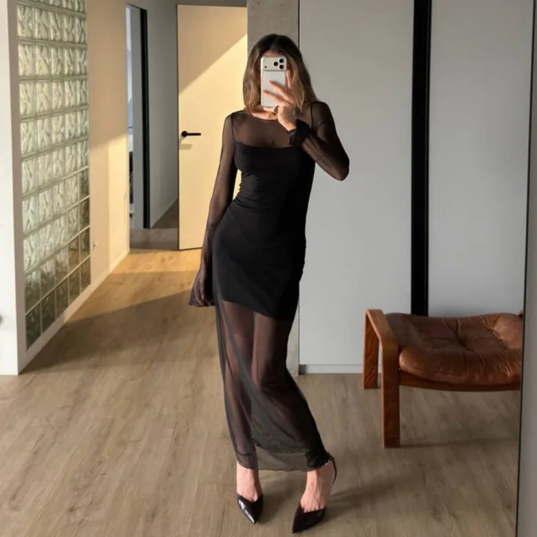 2026 Spring New Women's Clothing Temperament Elegant Long-sleeved Mesh Skirt Double-layer White Moonlight Dress