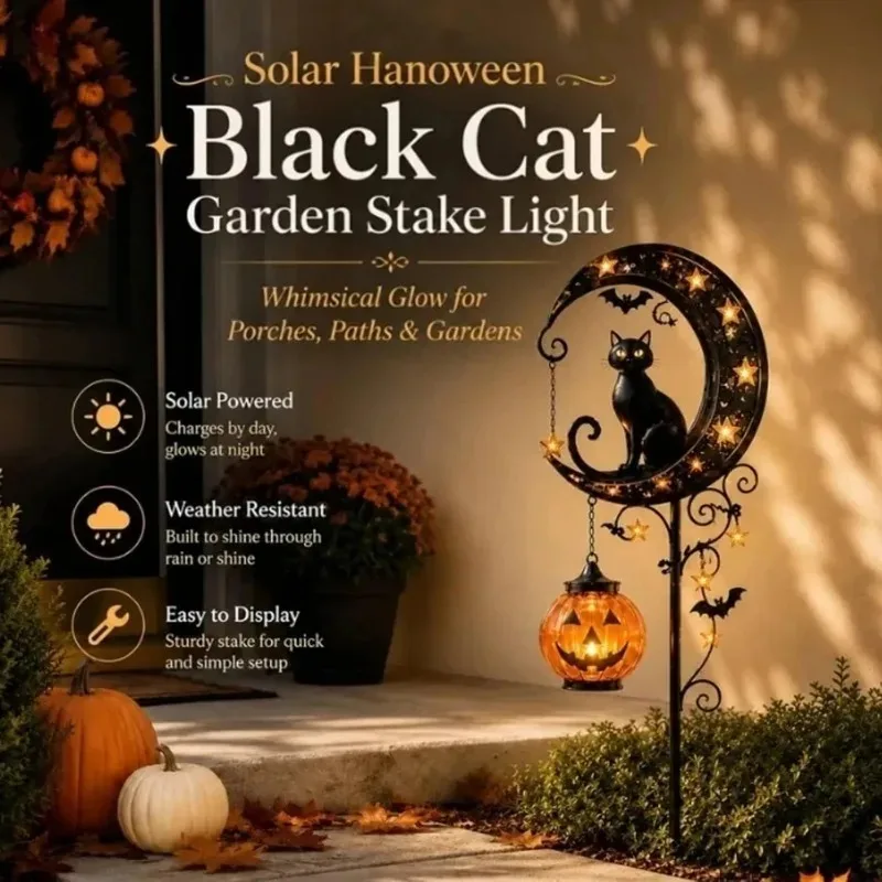 Solar Halloween Black Cat Garden Stake Light Wooden Pumpkin Lantern Waterproof Outdoor Lawn Landscape Lamp Pathway Light