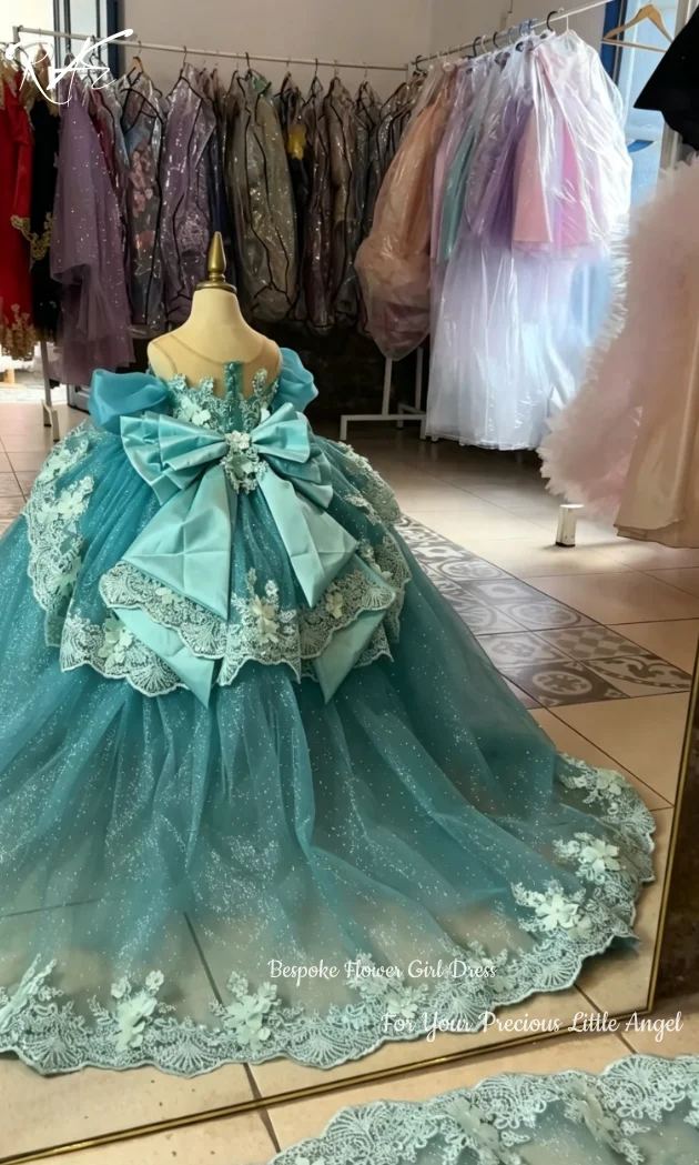 Glitter Tulle Flower Girl Dress Off Shoulder Puff Sleeves Lace Floral Applique Wedding Pageant Formal Gowns Customized