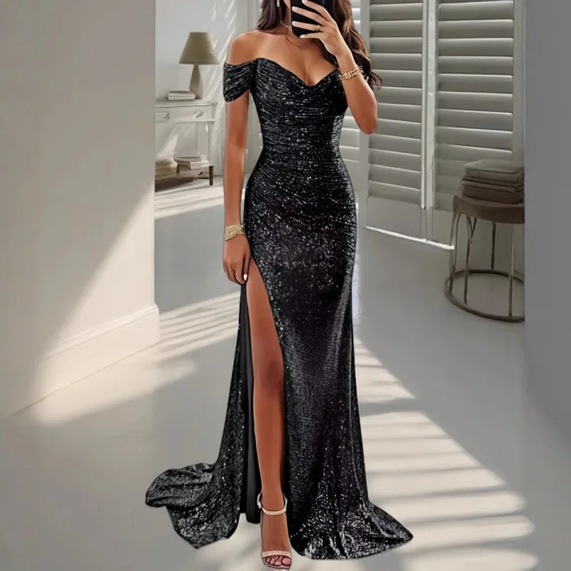 Glitter Dresses Midi Dresses Women Eur Usa Party Sexy Sequin One Neck Big Display Evening Dress Beach Vacation Party Dresses New