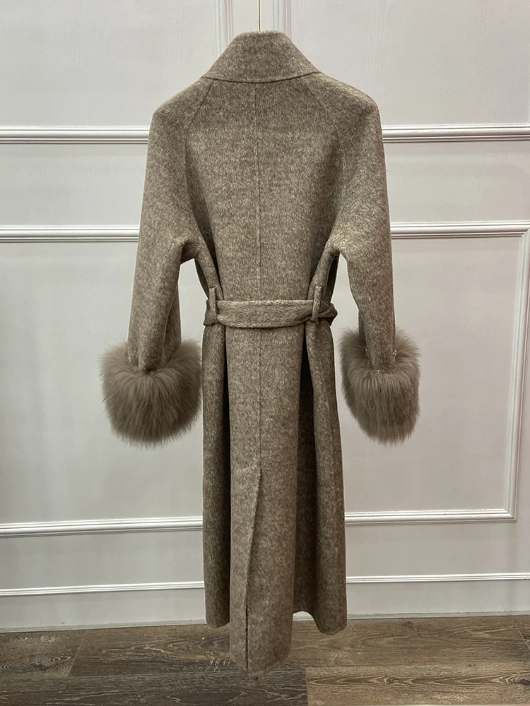 2024 Women Winter Natural Real Fox Fur Warm Long Woolen Jacket Coat Female Autumn Long Slim Woolen Coat