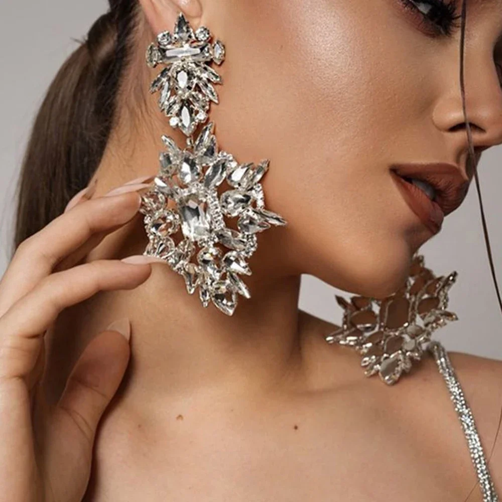 Exaggerated Geometric Rhinestone Earrings Dangle Wedding Accessories Luxury Oversize Crystal Pendant Earrings Party Jewelry Gift