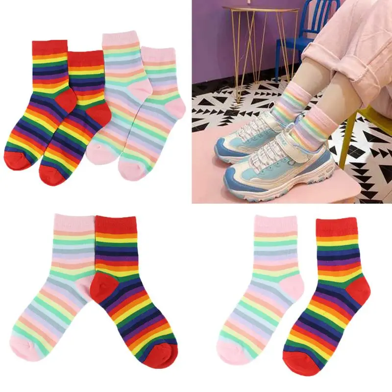 Japanese Women Girls Long Socks Ice Cream Rainbow Colorful Stripes Harajuku Preppy Student Cotton Hosiery