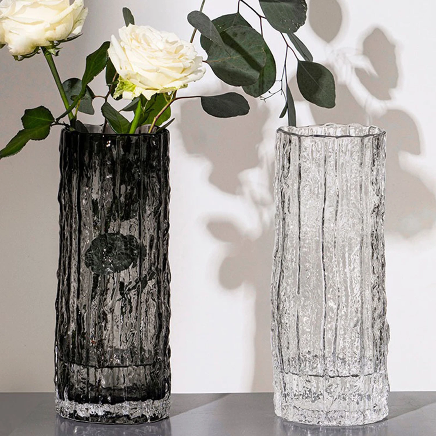 Vase glacier Vase en verre Vase cylindrique côtelé épaissi Vase en cristal Vase cylindrique côtelé bohème Décoration de table de salon