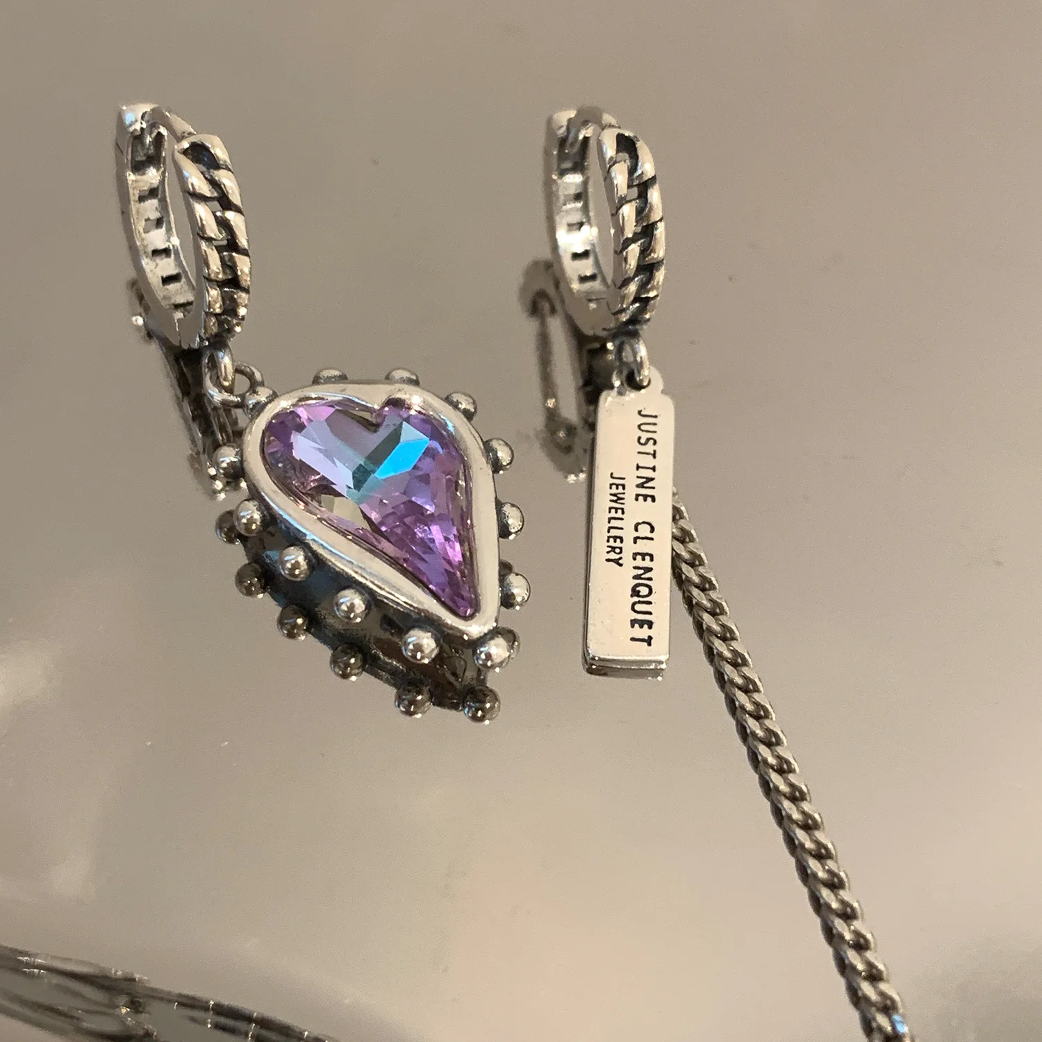 تصميم فريد من نوعه خمر عدم التماثل الحب القلب الأرجواني كريستال 925 الفضة إبرة السيدات شرابة وأقراط مجوهرات مكافحة الحساسية