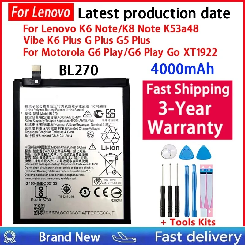100% For Lenovo K6 K8 Note K53a48 Vibe K6 G G5 Plus 4000mAh BL270 Battery For Motorola Moto G6 Play XT1922 Bateria