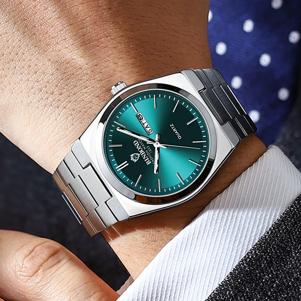 BINBOND Men's Watches Simple Fashion Original Quartz Watch for Man Waterproof Fine Steel Luminous Date Week Trend Gift Box Reloj