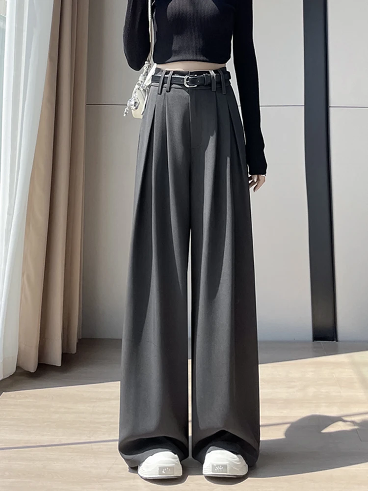 하이웨이스트 와이드 레그 수트 팬츠 여성용 커피색 드레이프 슬림 캐주얼 바지 가을 겨울 신상 비대칭